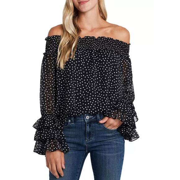 CeCe Women's Rich Black Essentials Polka Dot Off-The-Shoulder Ruffled Top Size S - Picture 1 of 7